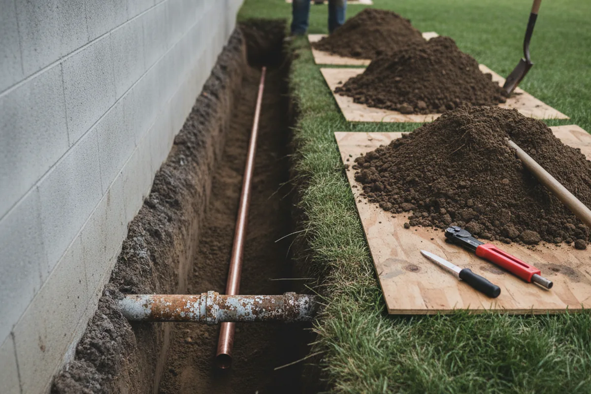 Excavated water line trench during Water Softener Installation in Nesconset